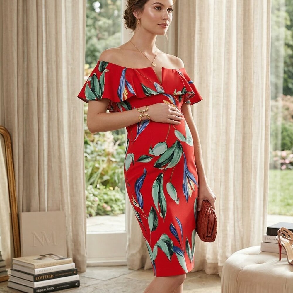 PinkBlush Red Floral Maternity Dress Small Off Shoulder Ruffle Ruched Sheath